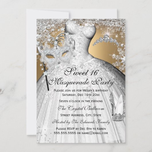 シルバー金ゴールドプリンセスマスカレードスウィート16招待状 招待状 (正面)