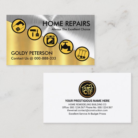 シルバー金ゴールド対角の手書きツール 名刺 (正面/裏面)