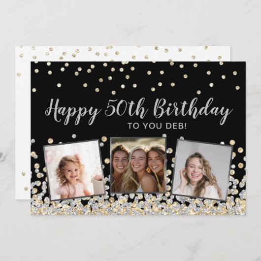 シルバー金ゴールド紙吹雪フォトコラージュ50誕生日 カード (正面/裏面)