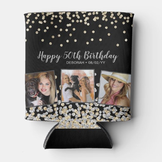 シルバー金ゴールド紙吹雪フォトコラージュ50誕生日 缶クーラー (正面)