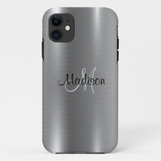 シルバー金属シックなモノグラムエレガントパーソナライズ iPhone 11 ケース