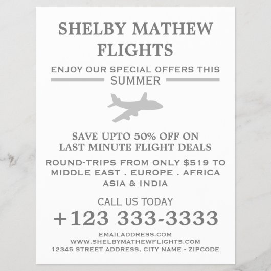 シルバー飛行機アイコン広告、航空会社のフライヤー チラシ (正面)