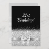 シルバー21歳の誕生日パーティーブラックエレガントボウ 招待状 (正面/裏面)