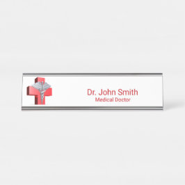 シルバー3Dカドゥセウス医療クロスレッド デスクネームプレート