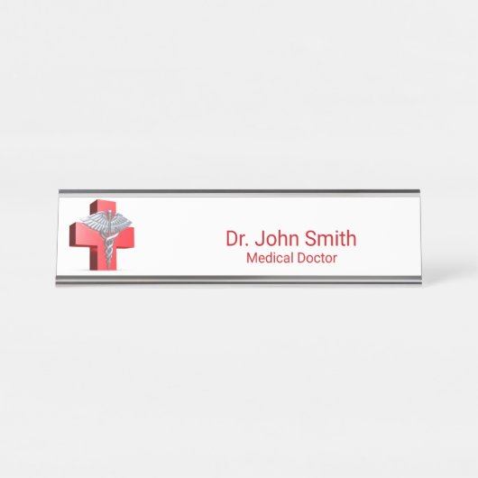 シルバー3Dカドゥセウス医療クロスレッド デスクネームプレート (正面)