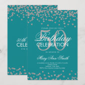 シルバー50歳の誕生日パーティーグリッター紙吹雪ティール（緑がかった色） 招待状 (正面/裏面)
