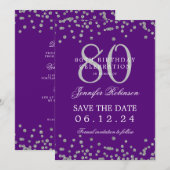 シルバー80誕生日日救付詳細紫 招待状 (正面/裏面)