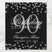 シルバー90th誕生日グリッター紙吹雪ブラック ワインラベル (シングルラベル)