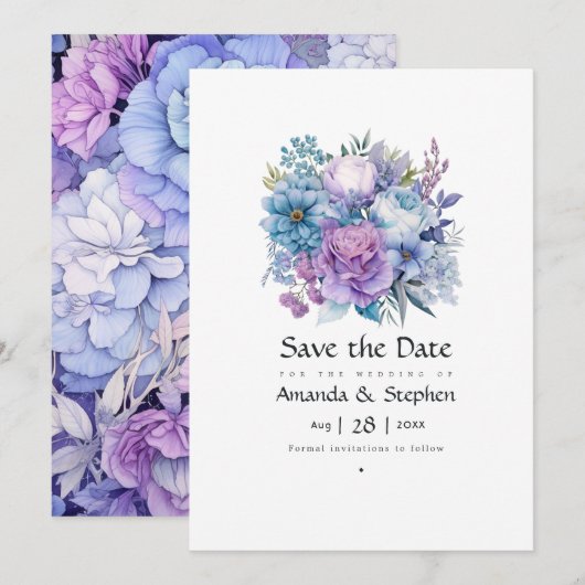 シルバー、アイシーブルー、ライラックの花嫁衣裳の結婚式 セーブザデート (正面/裏面)
