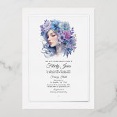 シルバー、アイスブルー、薄紫フローラブライダルシャワー 箔招待状 (正面)