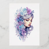 シルバー、アイスブルー、薄紫フローラブライダルシャワー 箔招待状 (裏面)