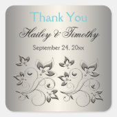 シルバー、アクア、ブラックフローラありがとうステッカー スクエアシール (正面)