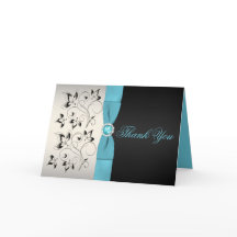 シルバー・アクア・ブラック フローラル サンクス カード
