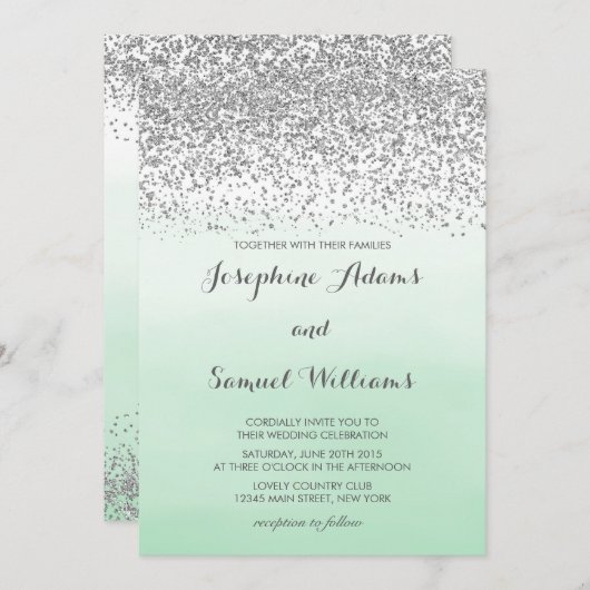シルバー·アンド·ミント·グ結婚リーンズ 招待状 (正面/裏面)