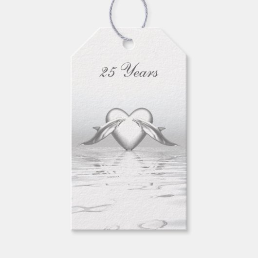 シルバー・アンバニシャル・ドルフィンズとハート ギフトタグ (正面)
