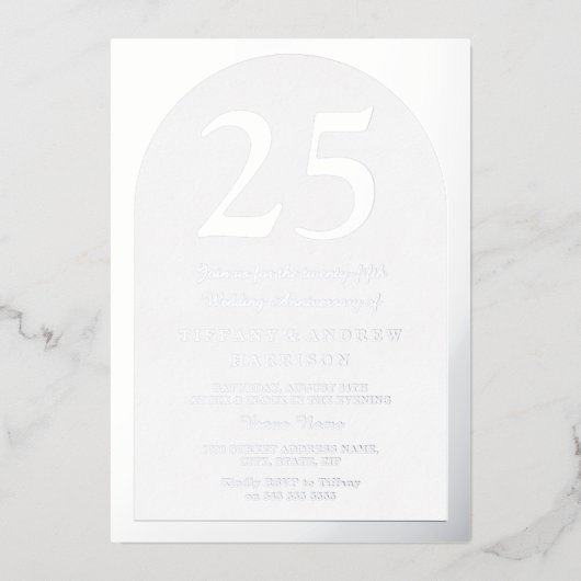 シルバー アーチ 25周年 結婚記念日 シルバー 箔招待状 (正面)