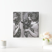 シルバー，アールヌーボー,デザイン，女性，ミュシャ，美容師 スクエア壁時計 (ホーム)