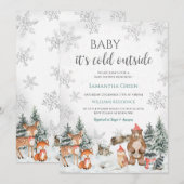 シルバー ウィンター ウッドランド ベイビー シャワー 招待状 (正面/裏面)