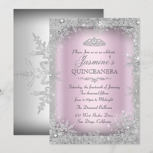 シルバー ウィンター ワンダーランド ピンク キンセアネーラ パーティー 招待状 (正面/裏面)