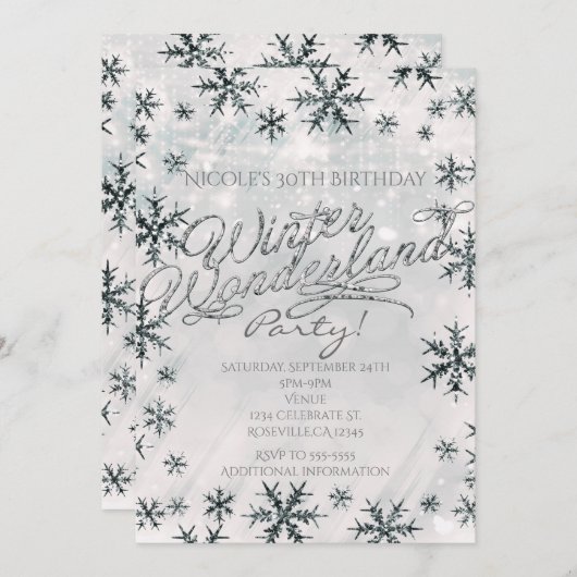 シルバー ウィンター ワンダーランド 雪の結晶 招待状 (正面/裏面)