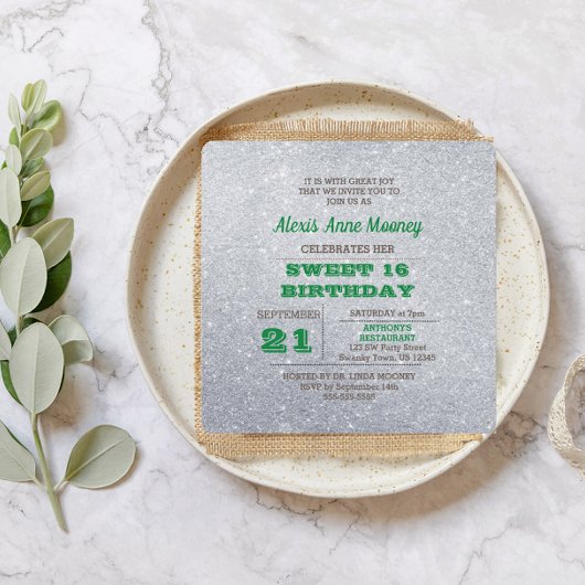 シルバー&エメラルドグリーンスパークリスウィート16招待状 招待状