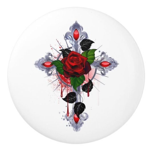 シルバー・クロスと赤いバラ セラミックノブ (正面)