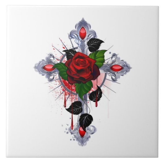 シルバー・クロスと赤いバラ タイル (正面)