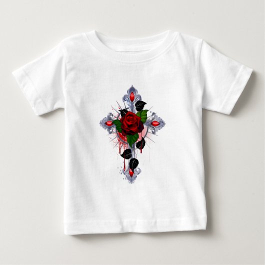 シルバー・クロスと赤いバラ ベビーTシャツ (正面)