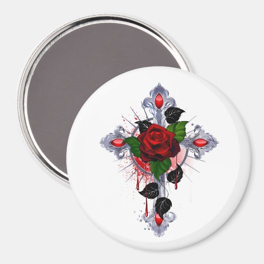 シルバー・クロスと赤いバラ マグネット (正面/裏面)