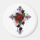 シルバー・クロスと赤いバラ マグネット (正面)