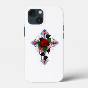 シルバー・クロスと赤いバラ iPhone 13 MINIケース