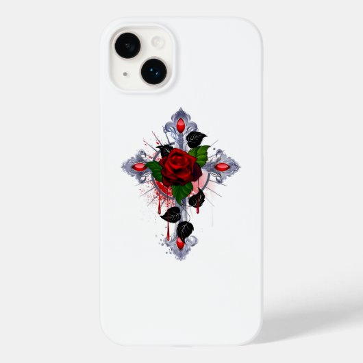 シルバー・クロスと赤いバラ Case-Mate iPhoneケース (裏面)