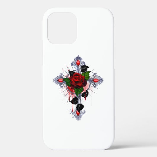 シルバー・クロスと赤いバラ Case-Mate iPhoneケース (裏面)