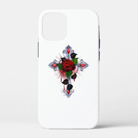 シルバー・クロスと赤いバラ Case-Mate iPhoneケース (裏面)