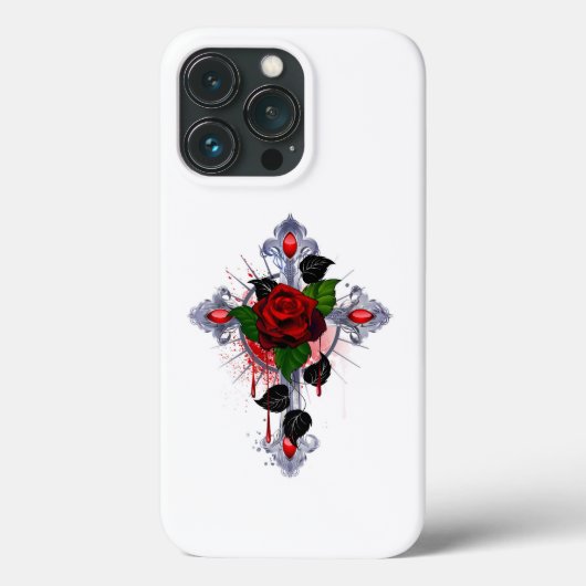 シルバー・クロスと赤いバラ Case-Mate iPhoneケース (裏面)