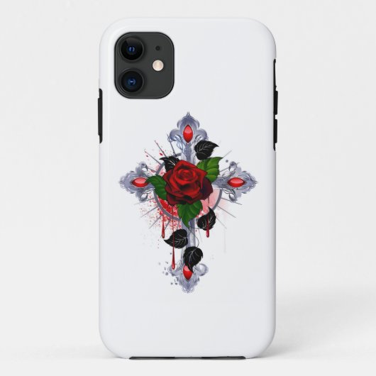 シルバー・クロスと赤いバラ Case-Mate iPhoneケース (裏面)