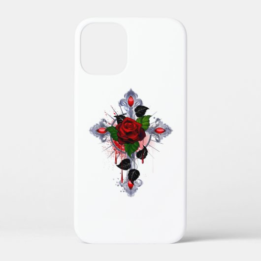 シルバー・クロスと赤いバラ Case-Mate iPhoneケース (裏面)