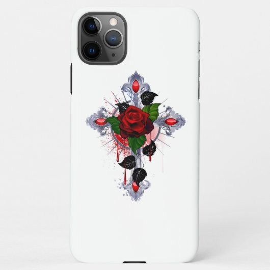 シルバー・クロスと赤いバラ iPhoneケース (裏面)