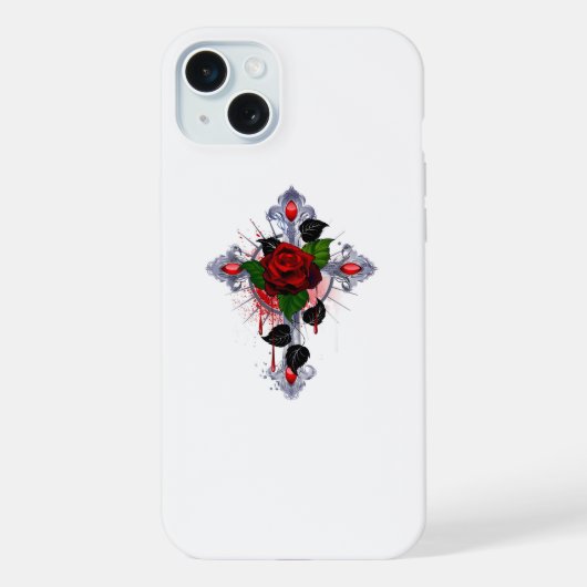 シルバー・クロスと赤いバラ iPhoneケース (裏面)
