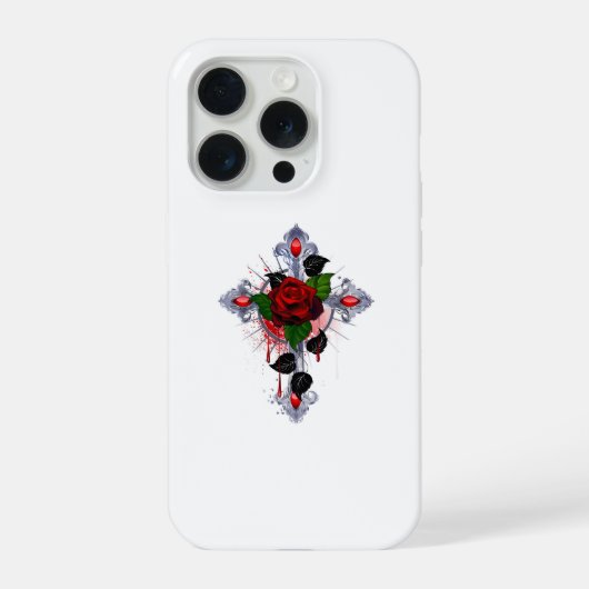 シルバー・クロスと赤いバラ iPhoneケース (裏面)