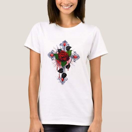 シルバー・クロスと赤いバラ Tシャツ (正面)