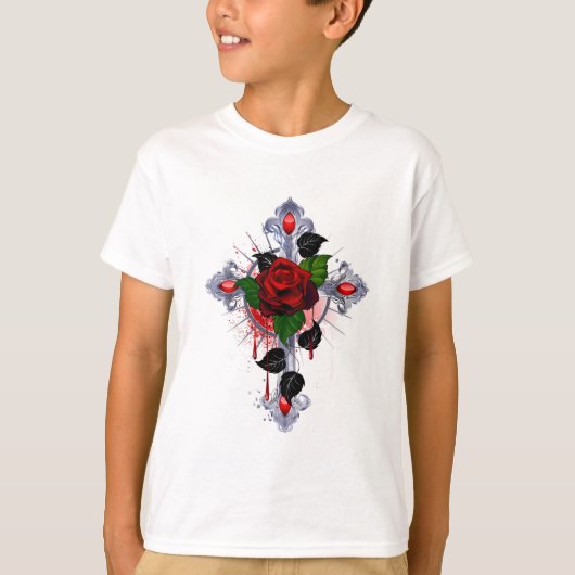 シルバー・クロスと赤いバラ Tシャツ (正面)