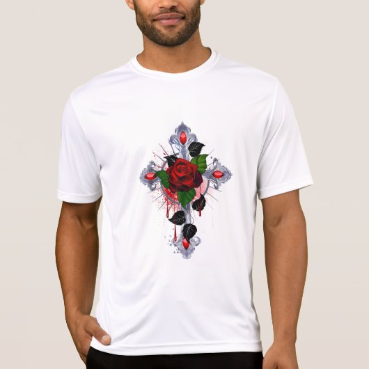 シルバー・クロスと赤いバラ Tシャツ (正面)