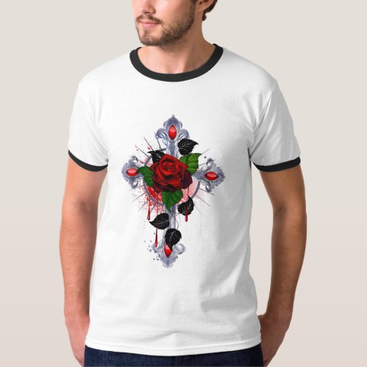 シルバー・クロスと赤いバラ Tシャツ (正面)