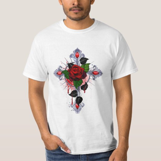 シルバー・クロスと赤いバラ Tシャツ (正面)