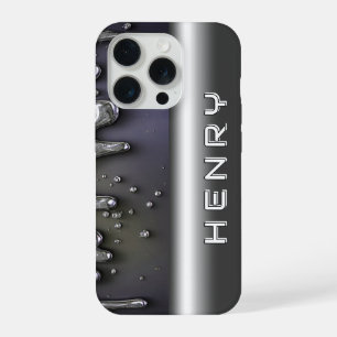 💿 シルバー・クロームに流れるメタリック＋カスタムネームデザイン iPhone 15 PROケース