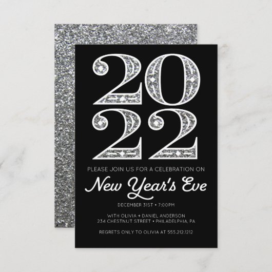 シルバー グラマラスな大晦日パーティーの招待状 招待状 (正面/裏面)