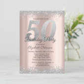 シルバー グリッター コンフェティ ローズゴールド 50歳の誕生日  招待状 (スタンド正面)