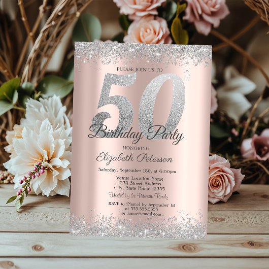 シルバー グリッター コンフェティ ローズゴールド 50歳の誕生日  招待状