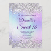 シルバー グリッター シャイニー イリデセント フォイル スウィート16 招待状 (正面/裏面)